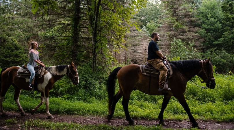 Two people enjoying a Western horseback trail ride in the Poconos