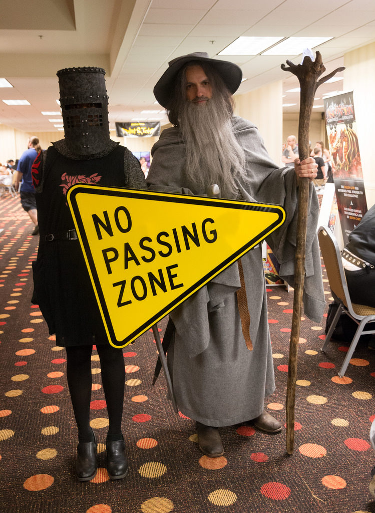 Two men, one dressed as Gandalf and one as The Black Knight from Monty Python hold a sign that says "No Passing Zone".