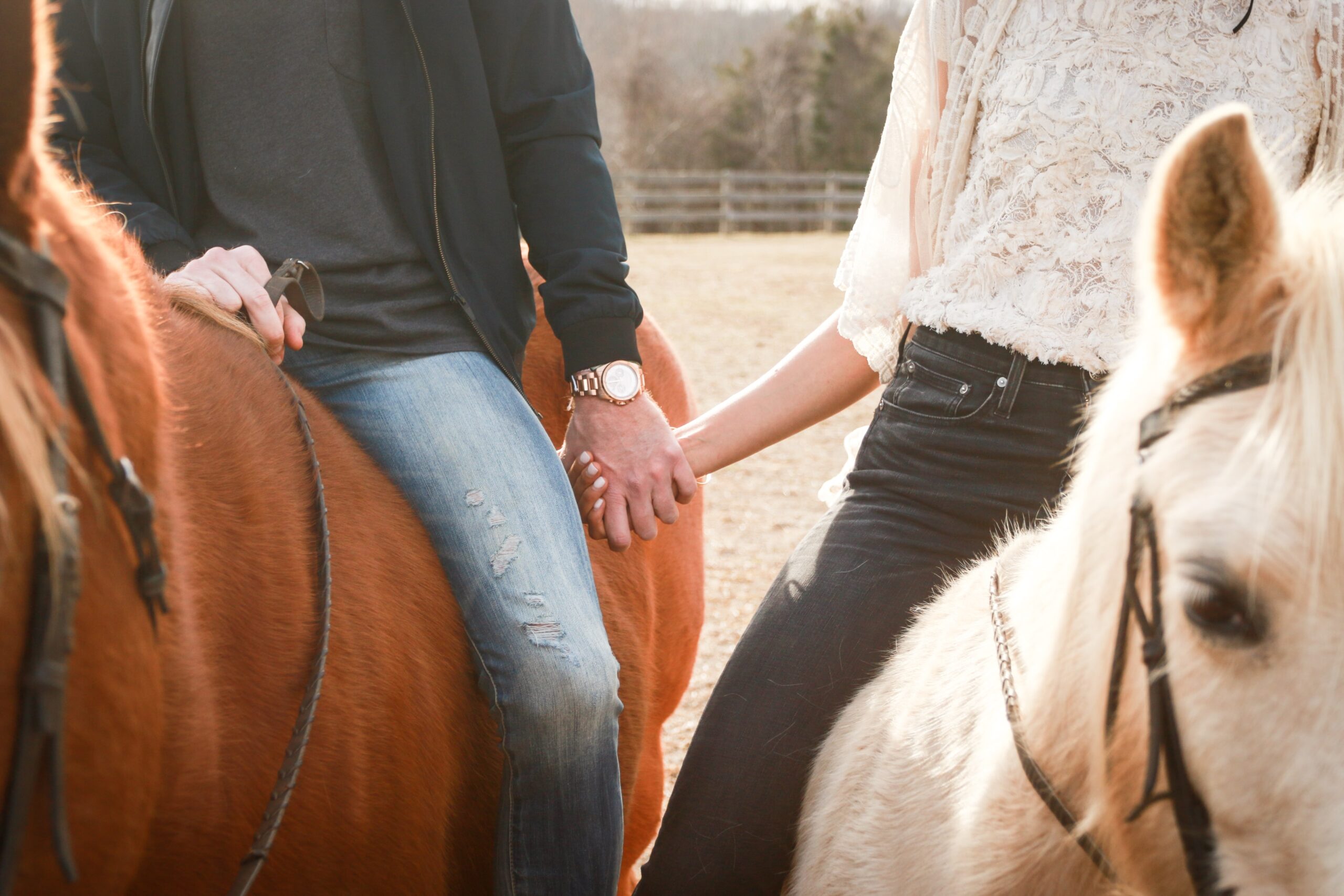 bottom half of couple wearing jeans holding hands while riding horses