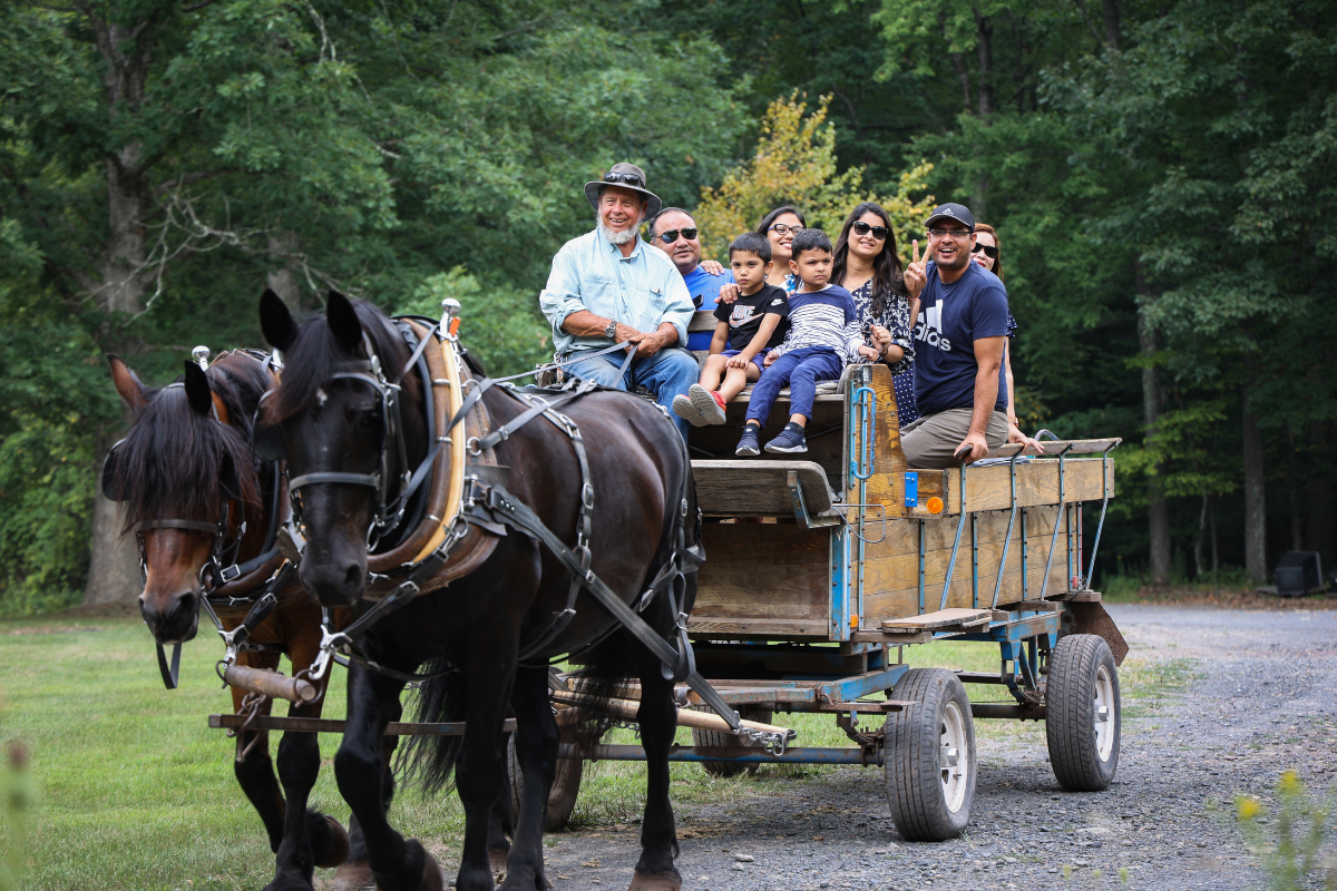 family enjoying a horse-drawn wagon ride in the pocono mountains