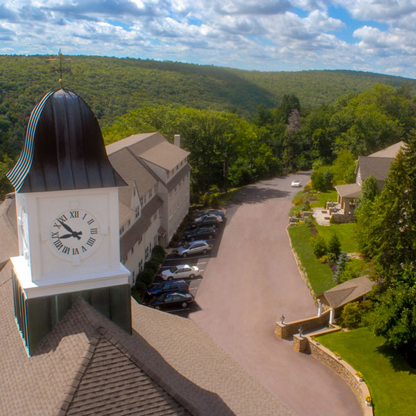 An aerial view of the main building at Pocono Manor