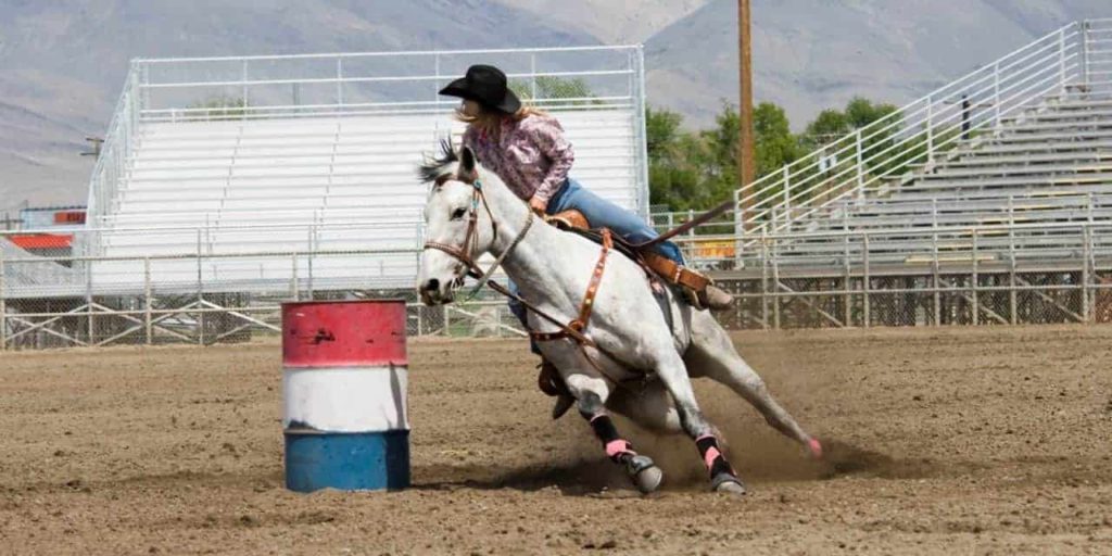 girl barrel racing on white horse