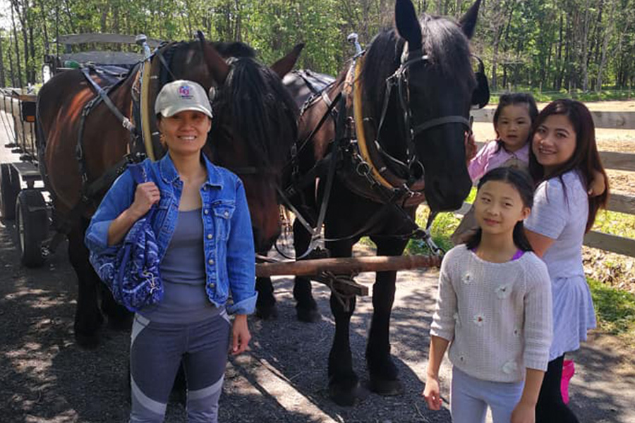 Mom and Three Daughters Next to Brown Horses and Horse-Drawn Wagon