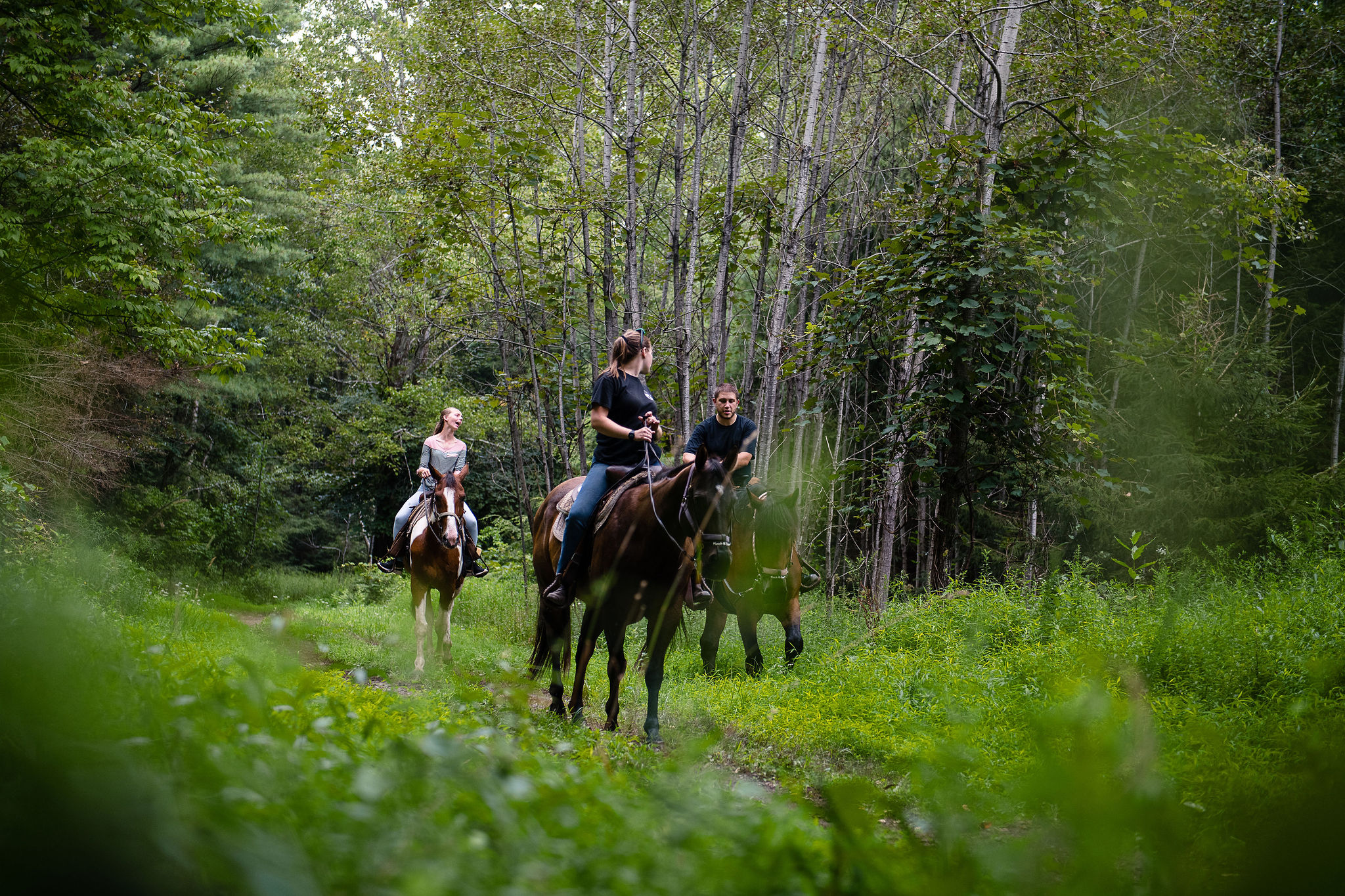 Two Women and One Man on Horseback Trail Ride in Woods